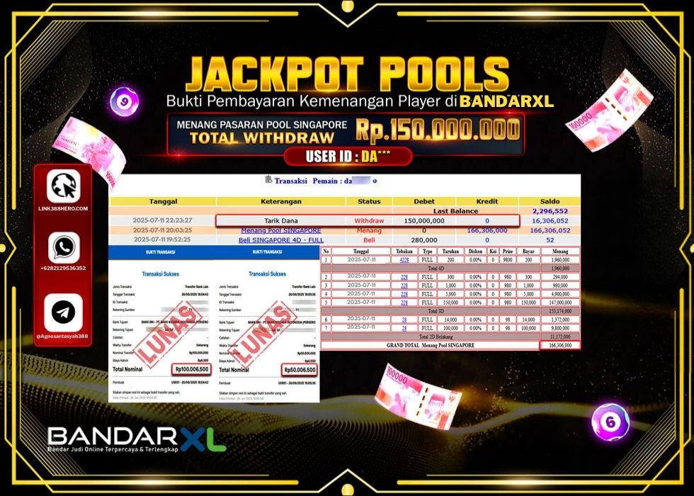 BANDARXL JACKPOT TOGEL POOL SINGAPORE Rp.150.000.000.,- LUNAS
