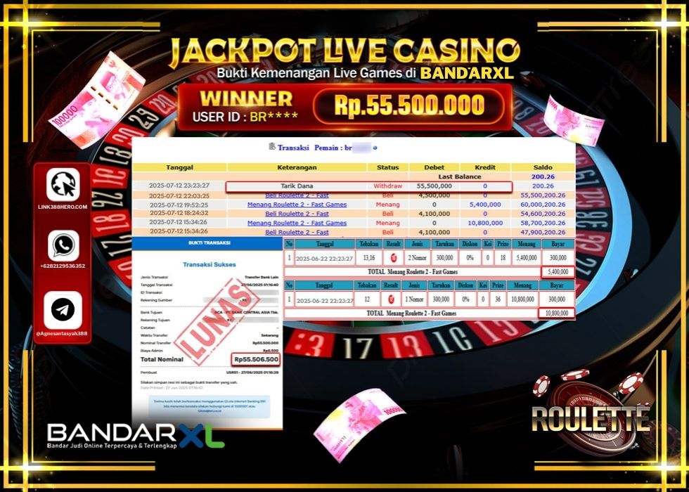 BANDARXL JACKPOT LIVE GAMES ROULETTE 2 GAMES Rp.55.500.000.,- LUNAS