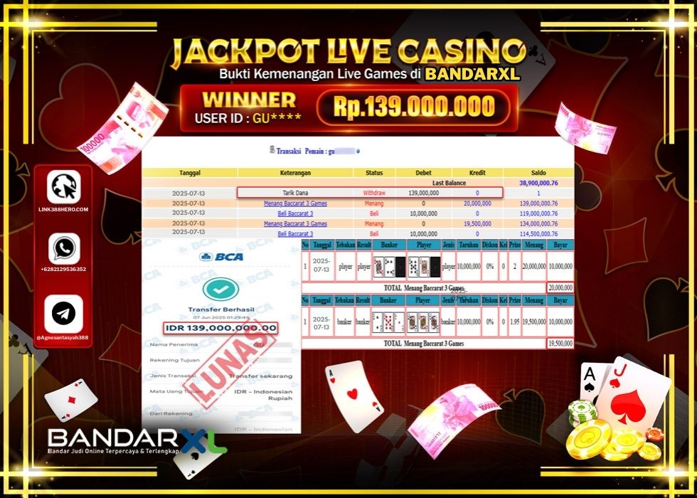 BANDARXL JACKPOT LIVE GAMES BACCARAT 3 GAMES Rp.139.000.000.,- LUNAS