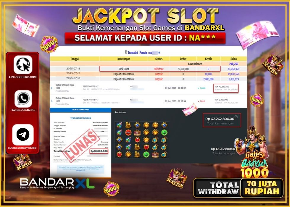 BANDARXL JACKPOT SLOT GATES OF GATOT KACA 1000 Rp.70.000.000.,- LUNAS