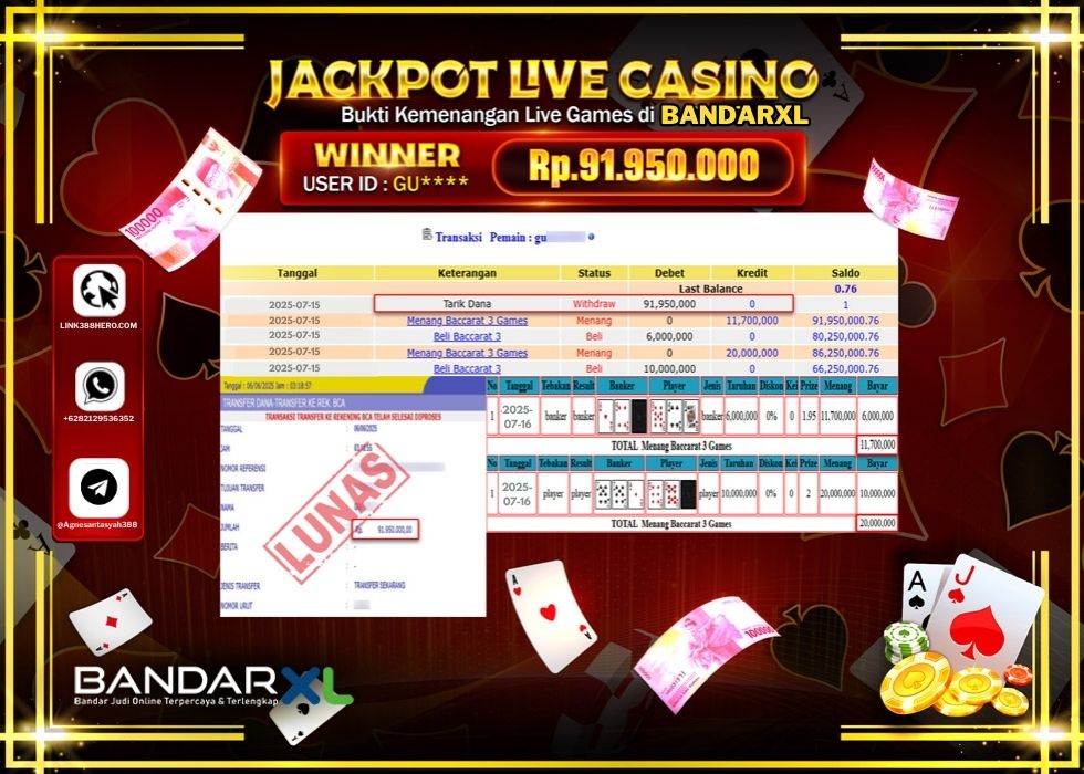 BANDARXL JACKPOT LIVE GAMES BACCARAT 3 GAMES Rp.91.950.000.,- LUNAS