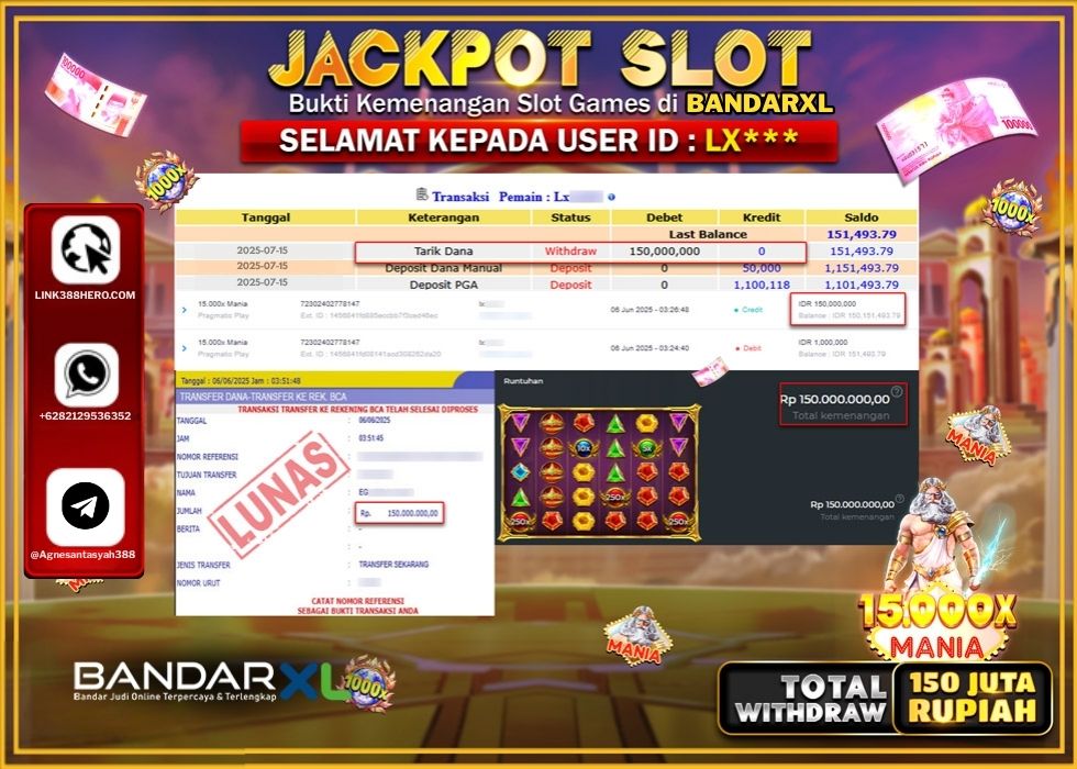 BANDARXL JACKPOT SLOT 15000x MANIA Rp.150.000.000.,- LUNAS