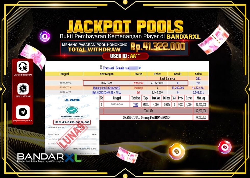 BANDARXL JACKPOT TOGEL PASARAN POOL HONGKONG Rp.41.322.000.,- LUNAS