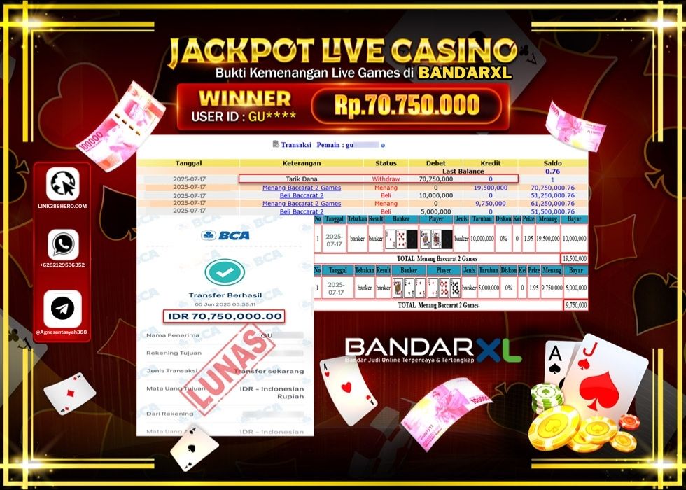 BANDARXL JACKPOT LIVE GAMES BACCARAT 2 GAMES Rp.70.750.000.,- LUNAS
