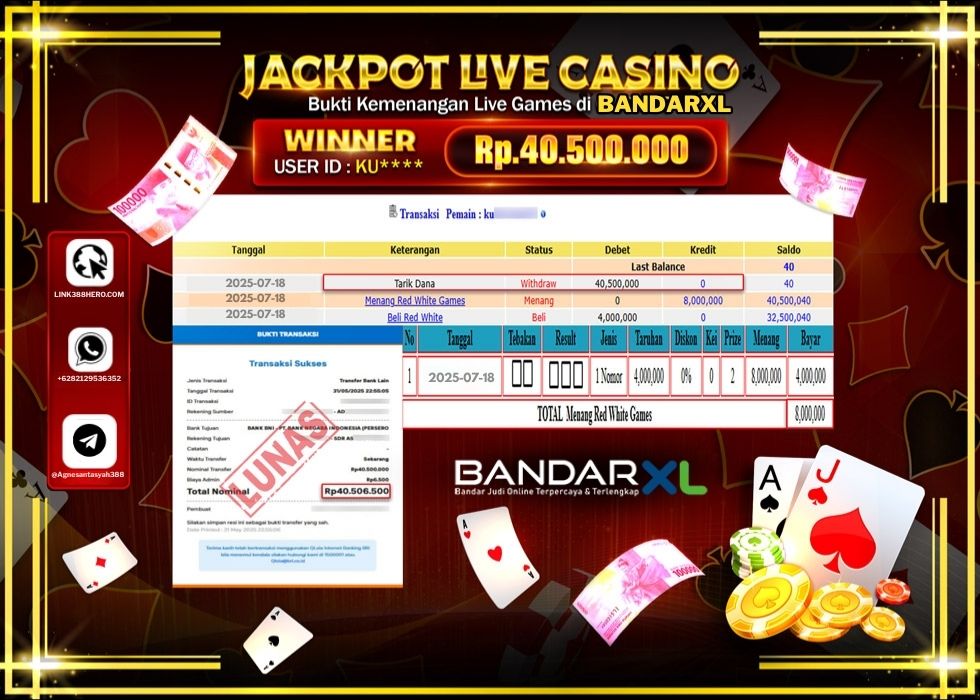 BANDARXL JACKPOT LIVE GAMES RED WHTIE GAMES Rp.40.500.000.,- LUNAS