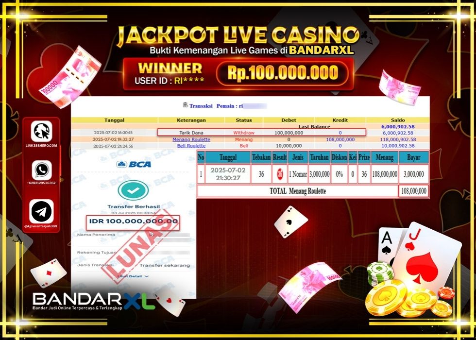 BANDARXL JACKPOT LIVE GAMES ROULETTE Rp.100.000.000.,- LUNAS