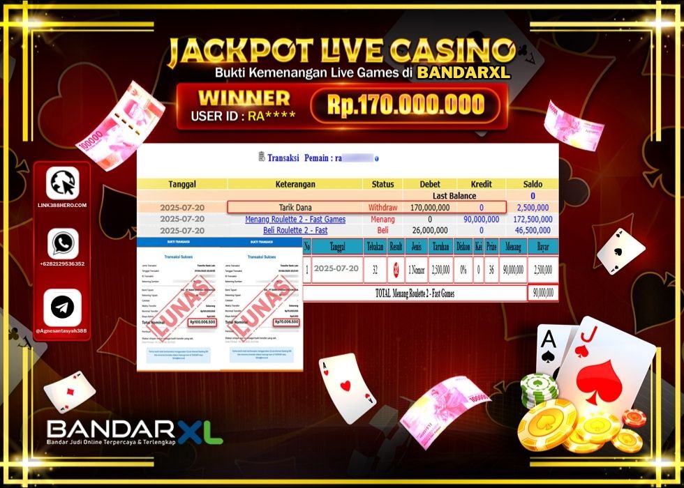 BANDARXL JACKPOT LIVE GAMES ROULETTE 2 -FAST GAMES Rp.170.000.000.,- LUNAS