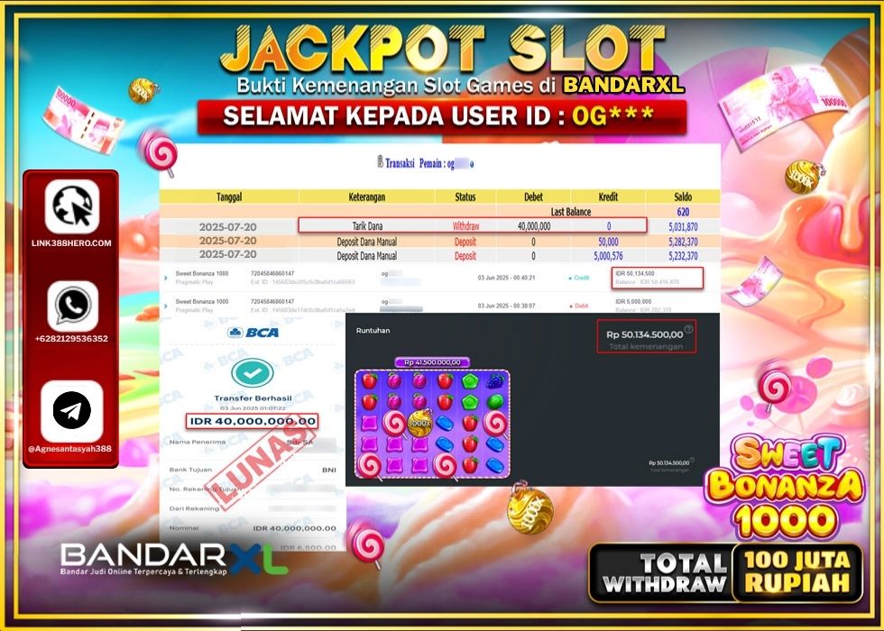 BANDARXL JACKPOT SLOT SWEET BONANZA 1000 Rp.40.000.000.,- LUNAS