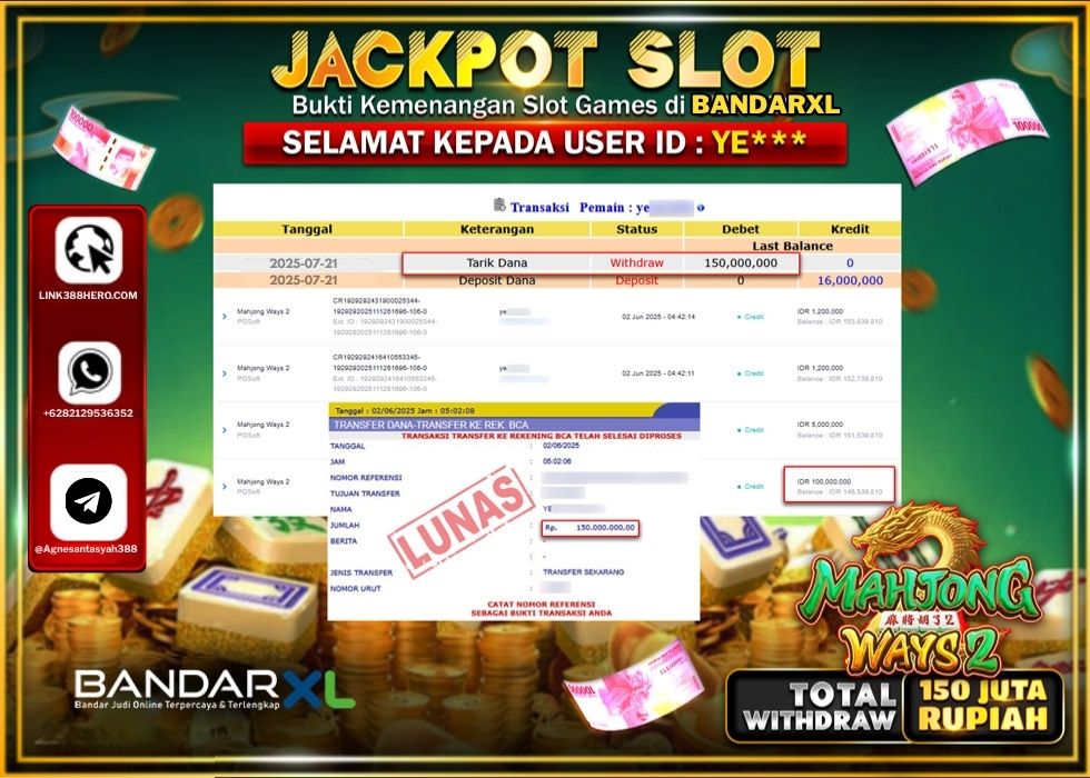 BANDARXL JACKPOT SLOT MAHJONG WAYS 2 Rp.150.000.000.,- LUNAS