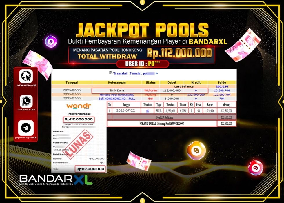 BANDARXL JACKPOT TOGEL PASARAN POOL HONGKONG Rp.112.000.000.,- LUNAS