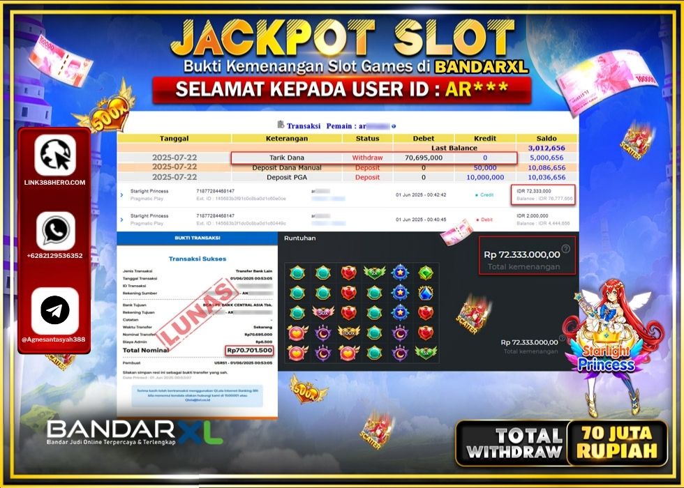 BANDARXL JACKPOT SLOT STARLIGHT PRINCESS Rp.70.695.000.,- LUNAS