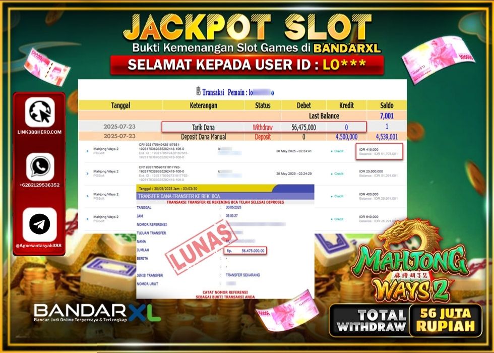 BANDARXL JACKPOT SLOT MAHJONG WAYS 2 Rp.56.475.000.,- LUNAS