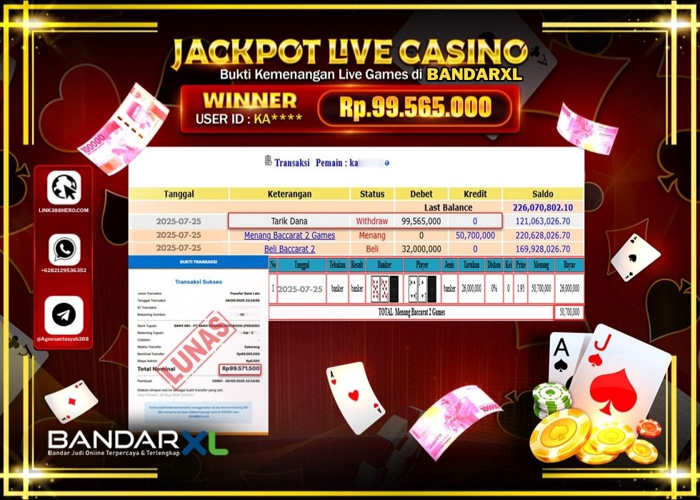 BANDARXL JACKPOT LIVE GAMES BACCARAT 2 GAME Rp.99.565.000.,- LUNAS