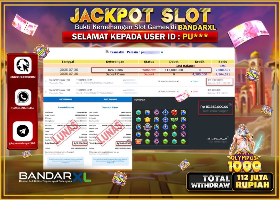BANDARXL JACKPOT SLOT PRAMATIC GATES OF OLYMPUS 1000 Rp.112.000.000.,- LUNAS