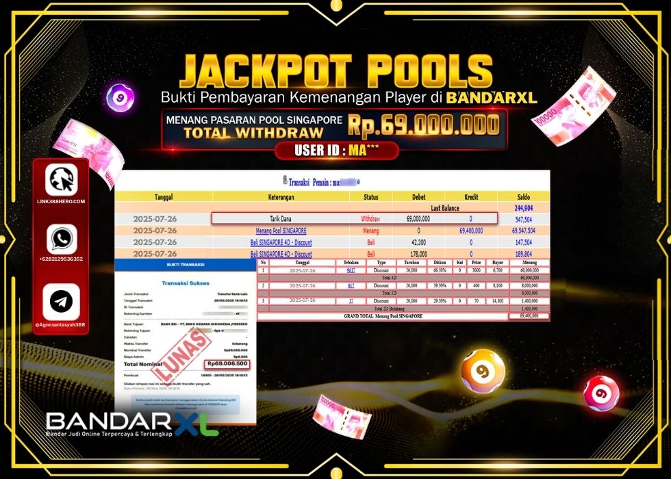 BANDARXL JACKPOT TOGEL PASARAN POOL SINGAPORE Rp.69.000.000.,- LUNAS