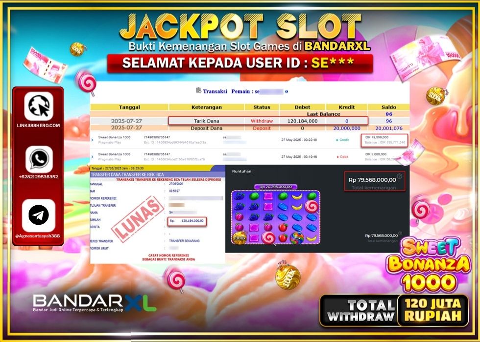 BANDARXL JACKPOT SLOT PRAMATIC BONANZA 1000 Rp.120.184.000.,- LUNAS
