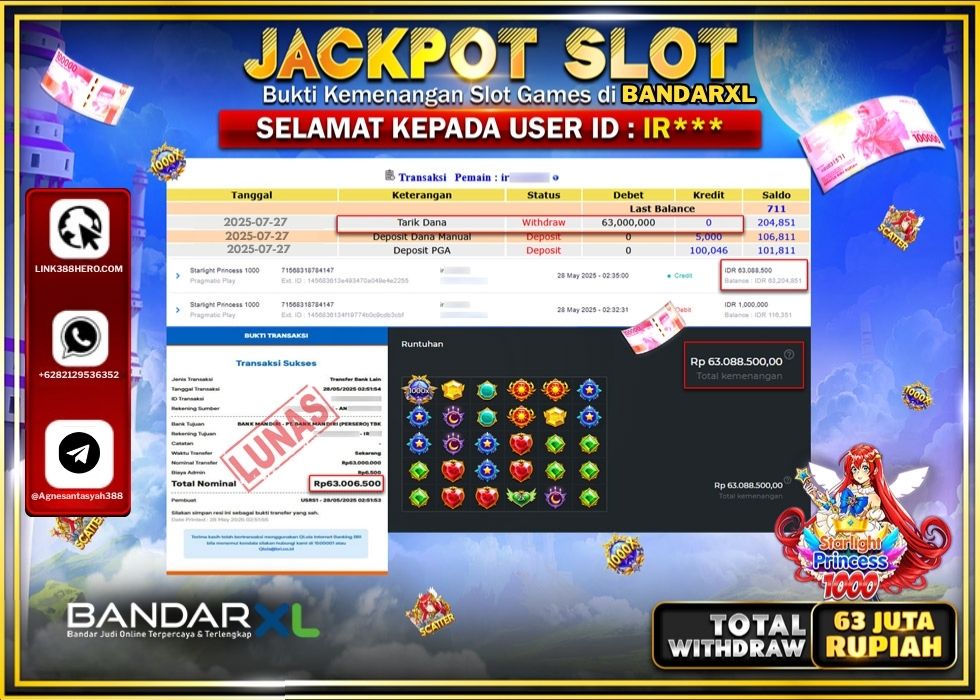 BANDARXL JACKPOT SLOT PRAMATIC STARLIGHT PRINCES 1000 Rp.63.000.000.,- LUNAS