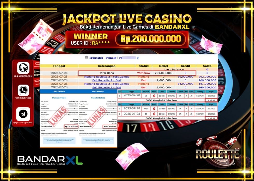 BANDARXL JACKPOT LIVE GAMES ROULETTE Rp.200.000.000.,- LUNAS