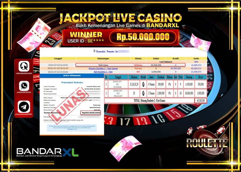 BANDARXL JACKPOT LIVE GAMES ROULETE 2 - FAST GAMES Rp.50.000.000.,- LUNAS