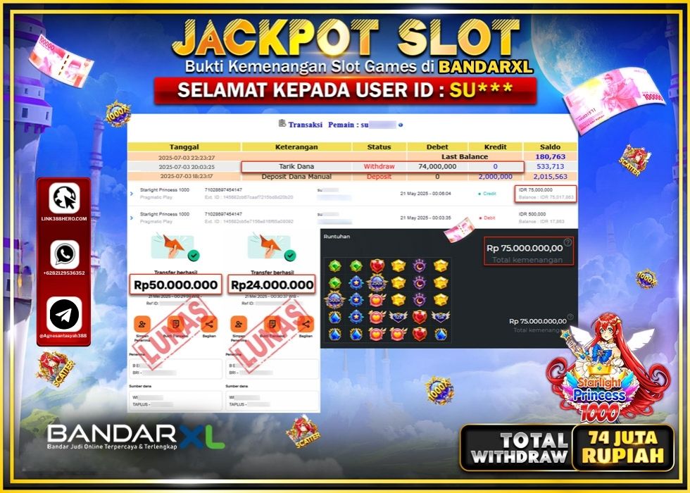 BANDARXL JACKPOT SLOT STARLIGHT PRINCESS 1000 Rp.74.000.000.,- LUNAS