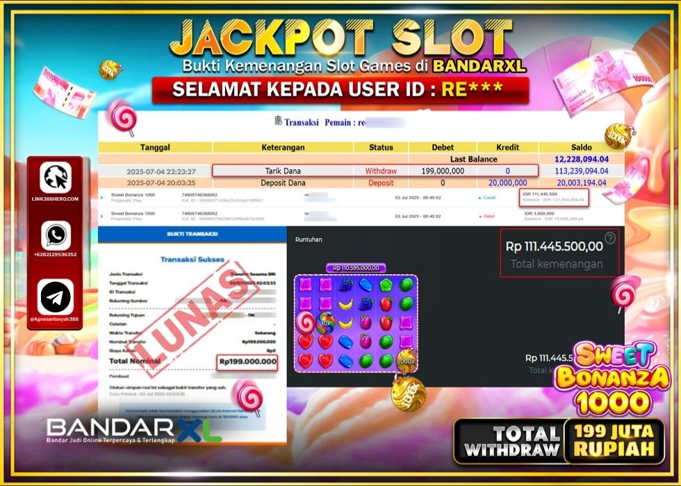 BANDARXL JACKPOT SLOT SWEET BONANZA 1000 Rp.199.000.000.,- LUNAS