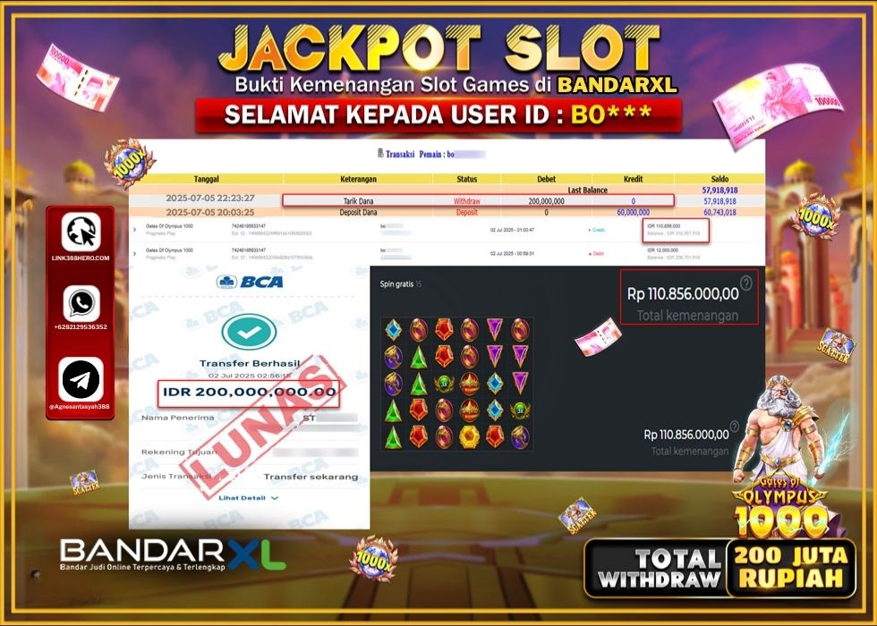 BANDARXL JACKPOT SLOT GATES OF OLYMPUSS 1000 Rp.200.000.000.,- LUNAS