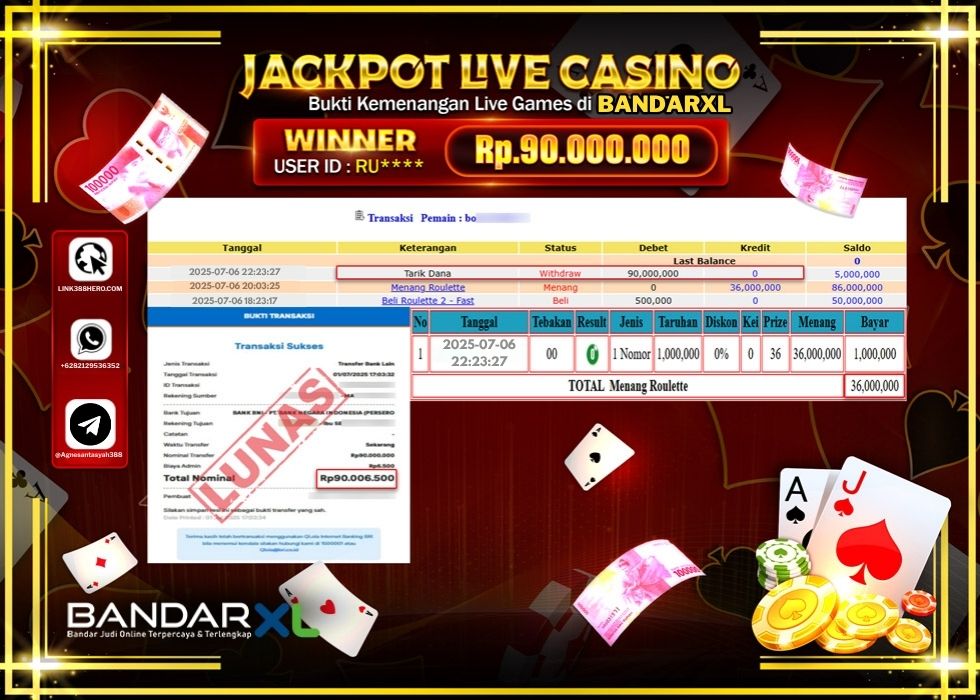 BANDARXL JACKPOT LIVE GAMES ROULETTE 2 - FAST GAMES Rp.90.000.000.,- LUNAS
