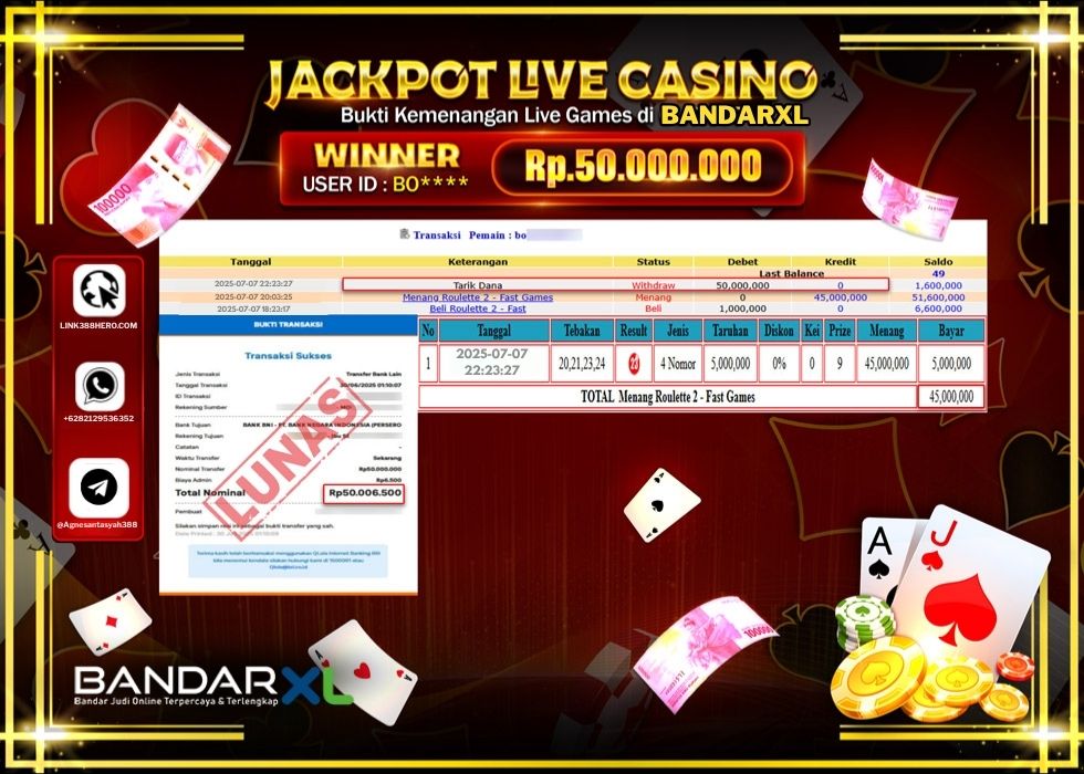 BANDARXL JACKPOT LIVE GAMES ROULETTE 2 - FAST GAMES Rp.50.000.000.,- LUNAS