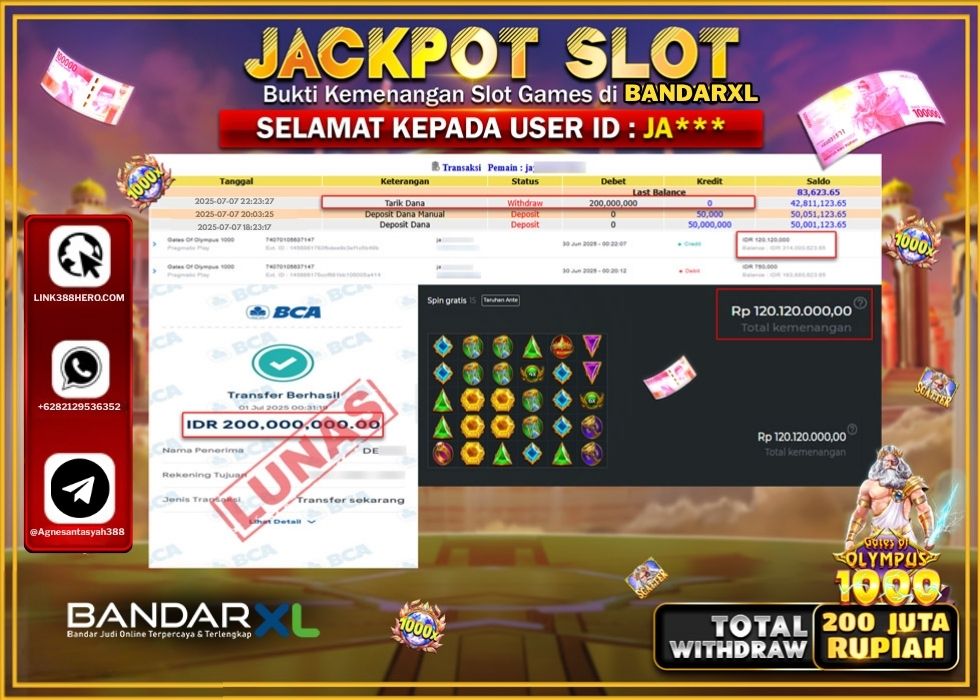 BANDARXL JACKPOT SLOT GATES OF OLYMPUSS 1000 Rp.200.000.000.,- LUNAS