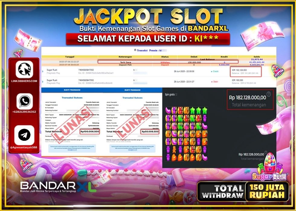 BANDARXL JACKPOT SLOT SUGAR RUSH Rp.150.000.000.,- LUNAS