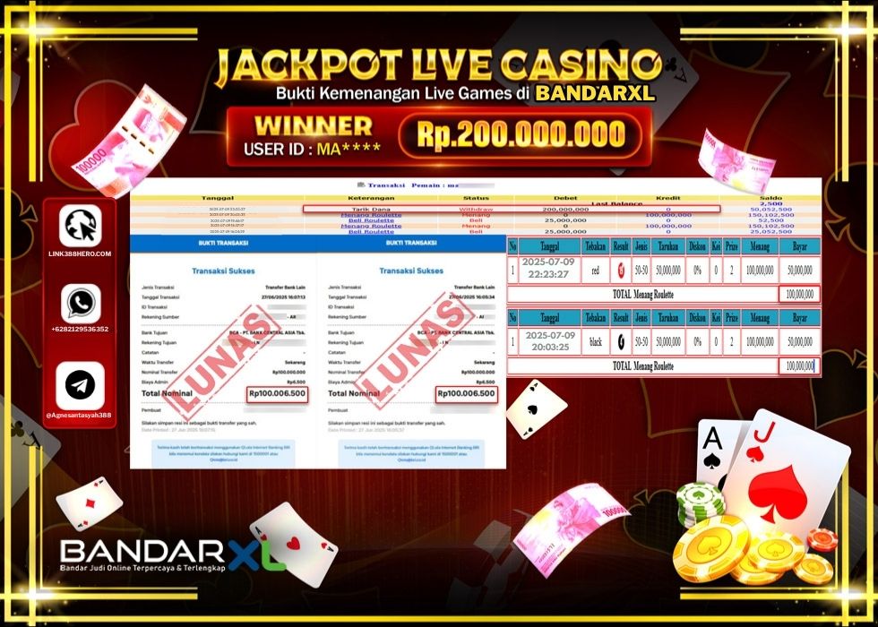 BANDARXL JACKPOT LIVE GAMES ROULETTE GAMES Rp.200.000.000.,- LUNAS